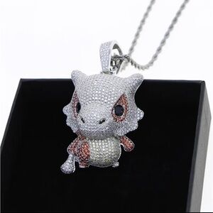 18K White Gold Pokemon Cubone Pave Diamond Hip Hop Bling Drip Necklace Anime